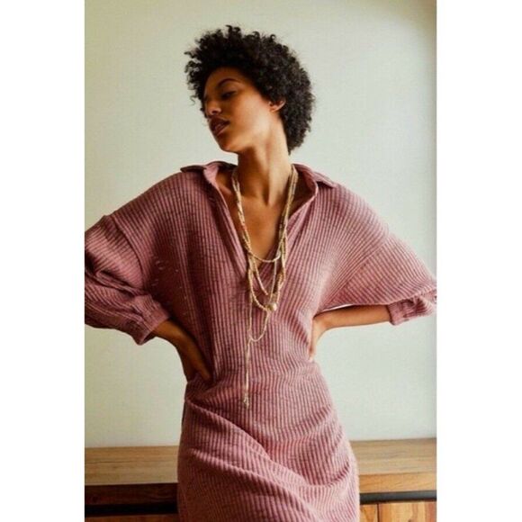 NWT FREE PEOPLE BEACH Sz S PACIFIC RIBBED MAXI SHIRT DRESS COVERUP SMOKED ROSES - Picture 3 of 3